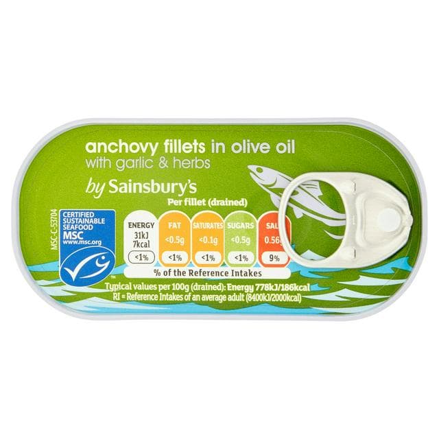 Sainsbury's Anchovy Fillets in Olive Oil with Herbs & Garlic 50g (30g*) - gallery image 1