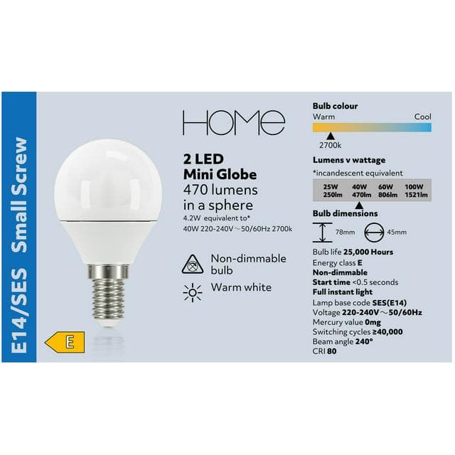 Sainsbury's Home Pack of 2 LED Mini Globe 40W SES Light Bulb - gallery image 2
