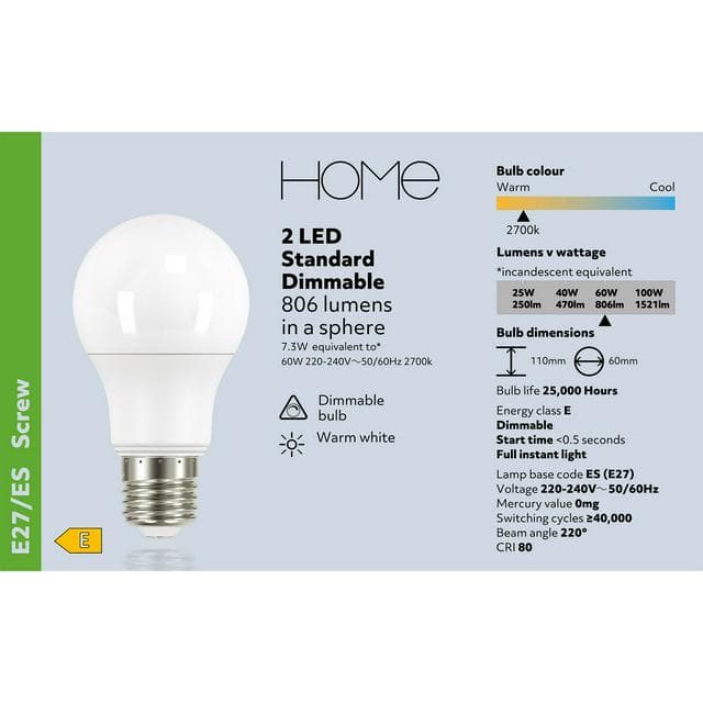 Sainsbury's Home Pack of 2 LED Standard 60W ES Dimmable Light Bulb - gallery image 3