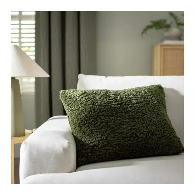 Habitat Shearling Cushion - Moss Green - 55x40cm - gallery image 1