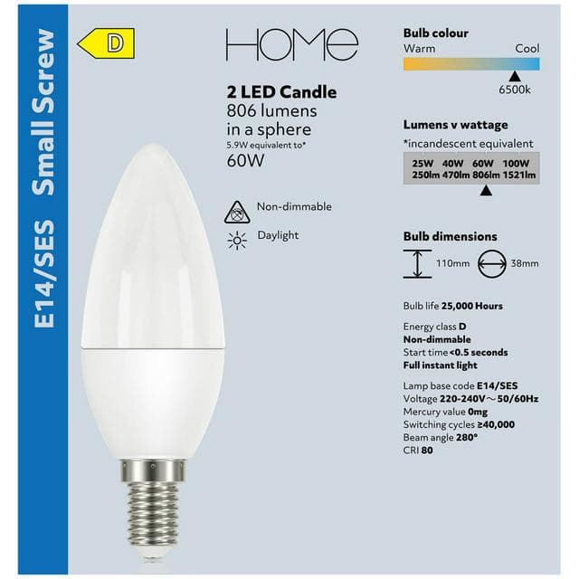 Sainsbury's Home Pack of 2 LED Candle Daylight Small Edison Screw Light Bulbs - 60w - gallery image 4