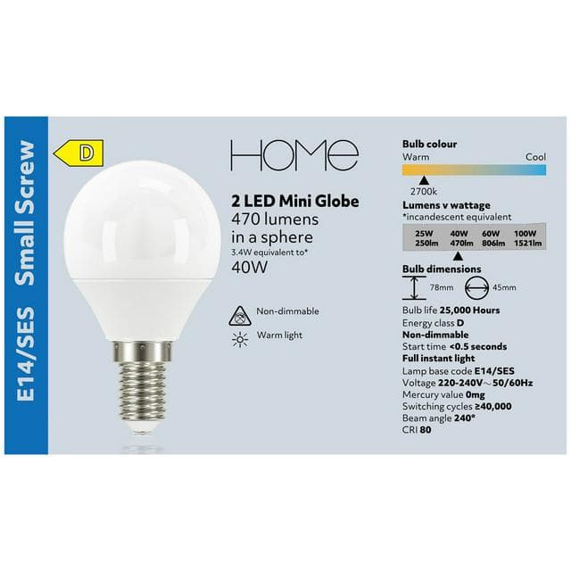Sainsbury's Home Pack of 2 LED Mini Globe Small Edison Screw Light Bulbs - 40w - gallery image 4