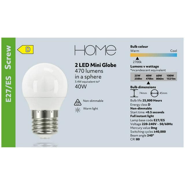 Sainsbury's Home Pack of 2 LED Mini Globe Edison Screw Light Bulbs - 40w - gallery image 4