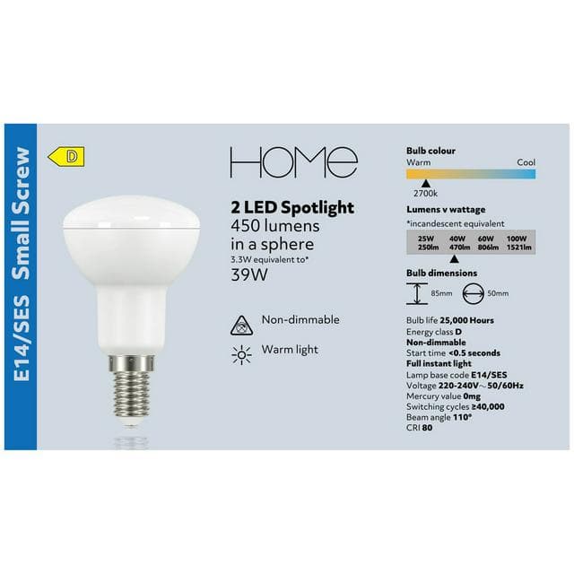 Sainsbury's Home Pack of 2 LED Spotlight R50 Small Edison Screw Light Bulbs - gallery image 4