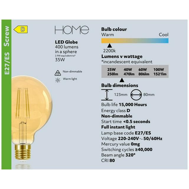Sainsbury's Home 2.9w Filament G80 Small Globe Edison Screw Light Bulb - gallery image 4