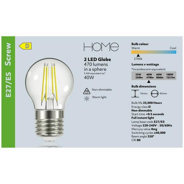 Sainsbury's Home 40w Pack of 2 LED Filament Globe Edison Screw Light Bulbs - gallery image 4