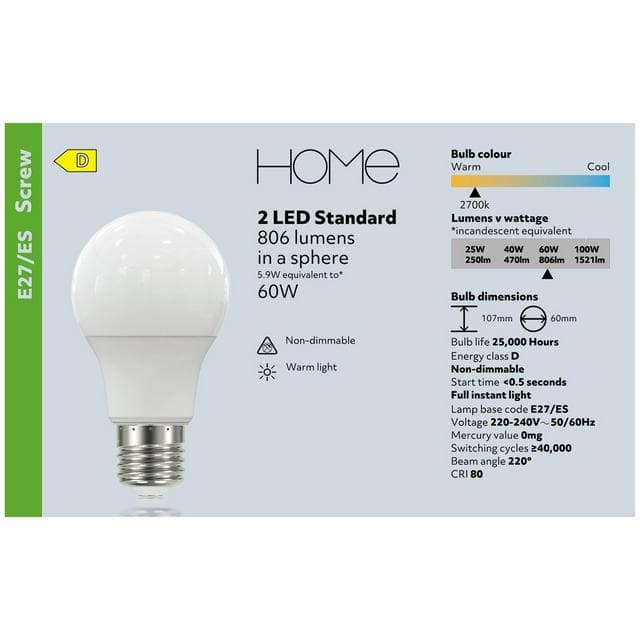 Sainsbury's Home Pack of 2 LED Standard Edison Screw Light Bulbs - 60w - gallery image 4