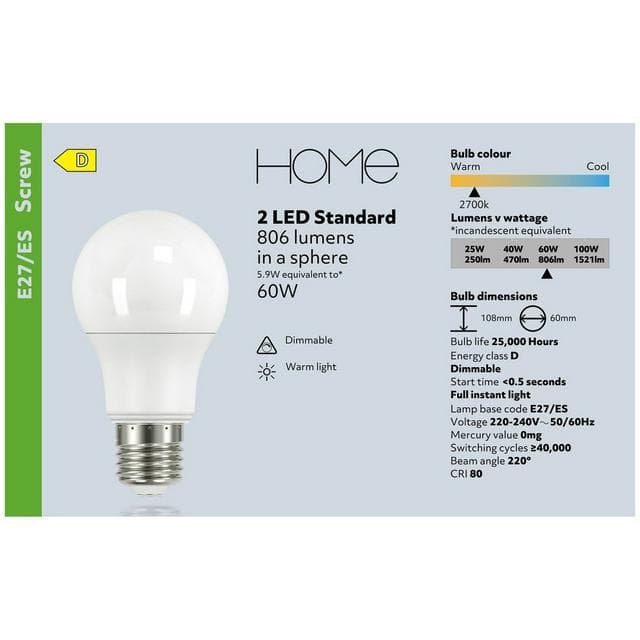 Home Led Standard 60w Es Dimmable 2 Pack - gallery image 4