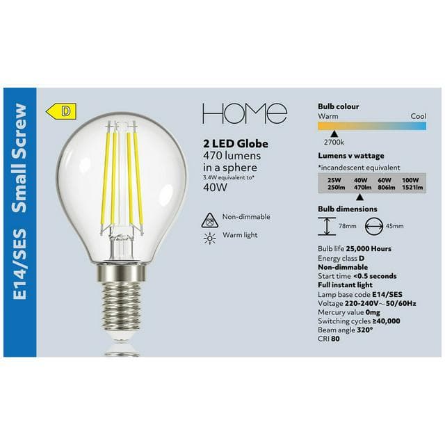 Sainsbury's Home Pack of 2 LED Filament Globe Small Edison Screw Light Bulbs - 40w - gallery image 4