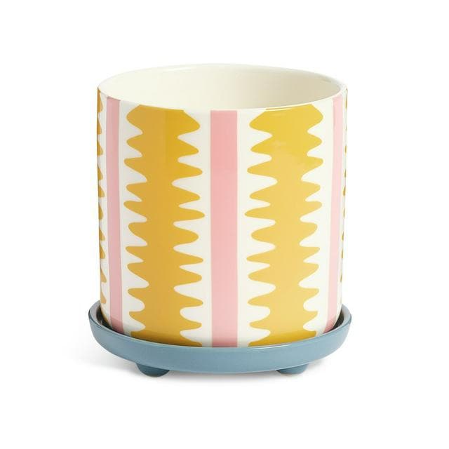 Habitat Stripe Ceramic Planter With Saucer - Yellow - gallery image 1