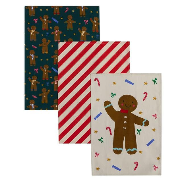 Sainsbury's Home Pack of 3 Novelty Gingerbread Tea Towels - gallery image 1