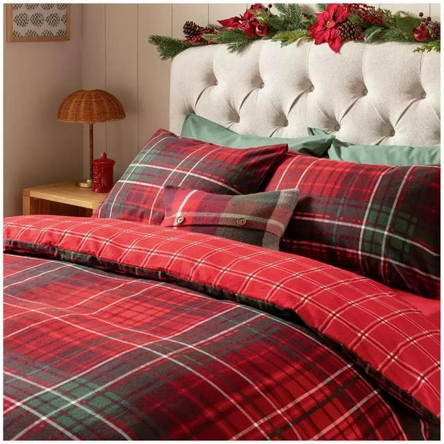 Sainsbury's Home Brushed Cotton Check Bedding Set - Red & Green - gallery image 3