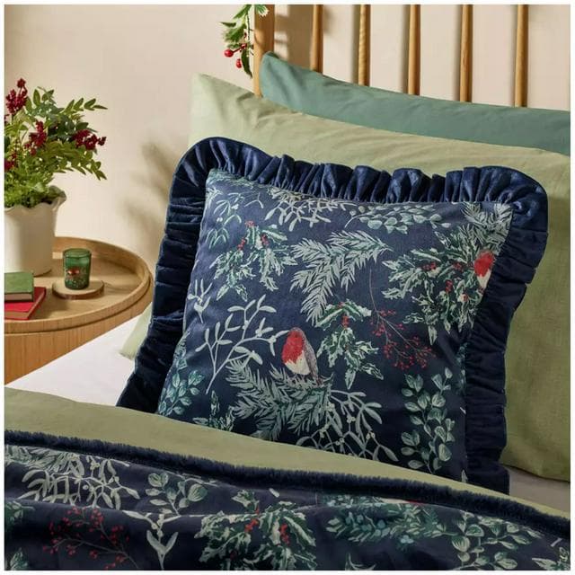 Sainsbury's Home Velvet Robin Ruffle Cushion - Blue - gallery image 1