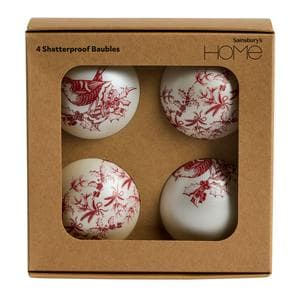 Sainsbury's Home Pack of 4 Robin & Foliage Print Shatter Proof Baubles