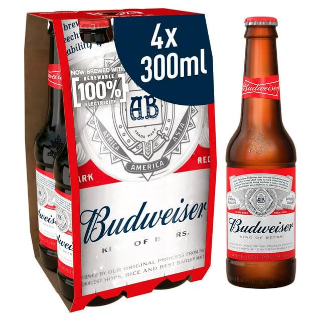 Budweiser 4 x 300ml Lager Beer Bottles - gallery image 1