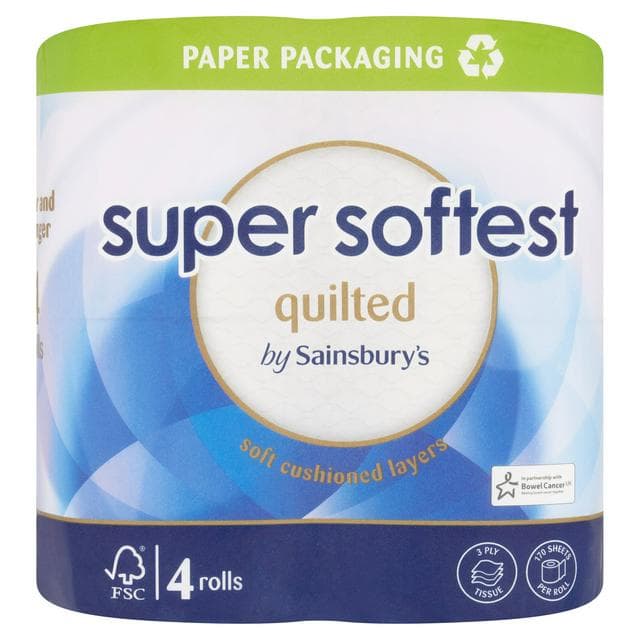 Sainsbury's Super Soft Toilet Tissue, Quilted x4 Rolls - gallery image 1