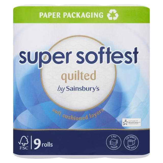 Sainsbury's Super Soft Toilet Tissue, Quilted x9 Rolls - gallery image 1