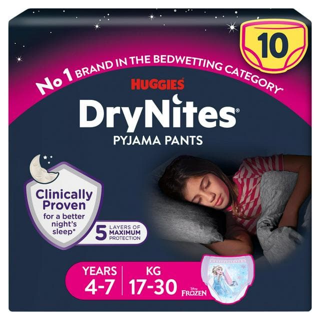 Huggies DryNites Girls Pyjama Pants for Bedwetting Age 4-7 Years 10 Nappy Pants - gallery image 1