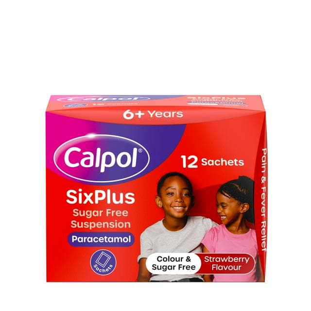 Calpol Six Plus 12 x 5ml Sugar Free Suspension Strawberry Paracetamol Sachets - gallery image 1