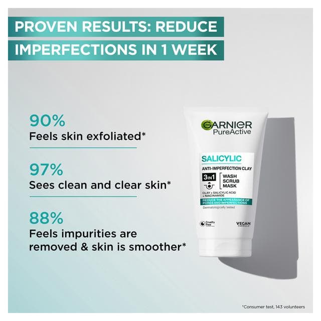 Garnier Pure Active 3in1 Clay Mask Wash Scrub for Oily Skin 150ml - gallery image 2