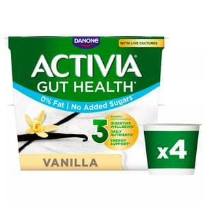 Activia Vanilla Fat Free No Added Sugar Gut Health Fruit Yoghurt Multipack 4x115g