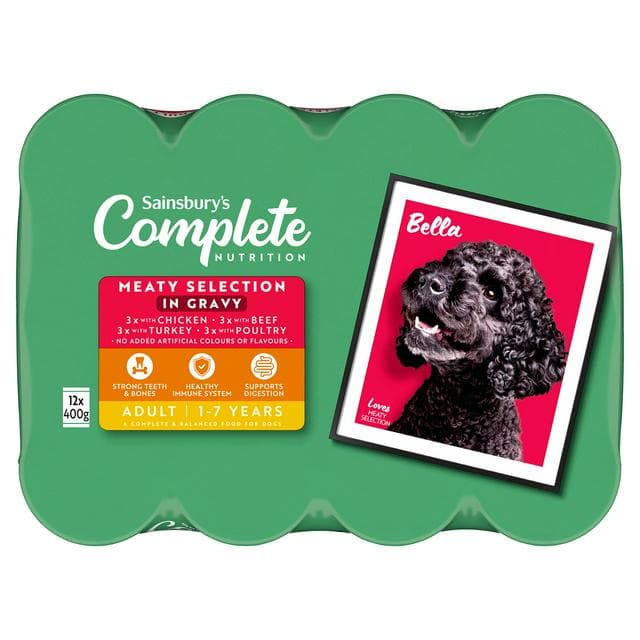 Sainsbury's 12 x 400g Complete Nutrition Adult Dogs 1 - 7 Years Meaty Selection in Gravy - gallery image 1