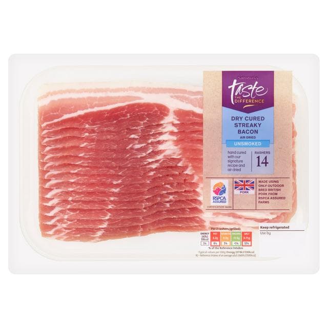 Sainsbury's Unsmoked Air Dried Streaky Bacon Rashers, Taste the Difference x14 220g - gallery image 1