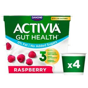 Activia Raspberry Fat Free No Added Sugar Gut Health Fruit Yoghurt Multipack 4 x 115g