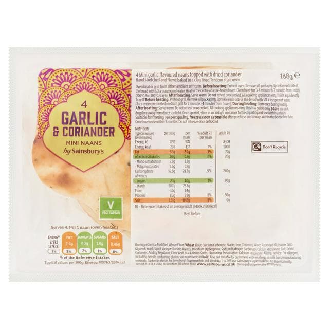 Sainsbury's Garlic & Coriander Mini Naan x4 188g - gallery image 1