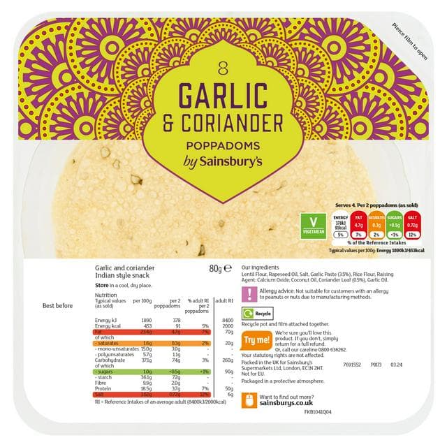 Sainsbury's Garlic & Coriander Poppadoms 80g - gallery image 1