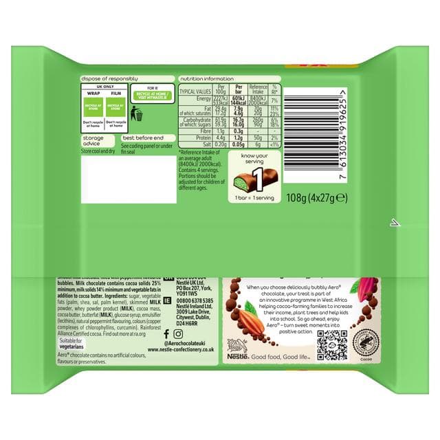 Aero Bubbly Peppermint Mint Chocolate Bar Multipack 4 x 27g - gallery image 3