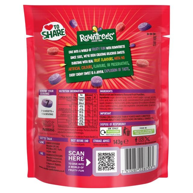 Rowntree's Fruit Pastilles Strawberry & Blackcurrant Sweets Sharing Bag 143g - gallery image 3