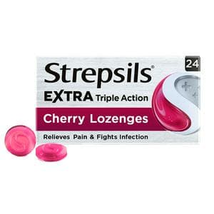 Strepsils Extra Triple Action Cherry Sore Throat Cough Lozenges x24