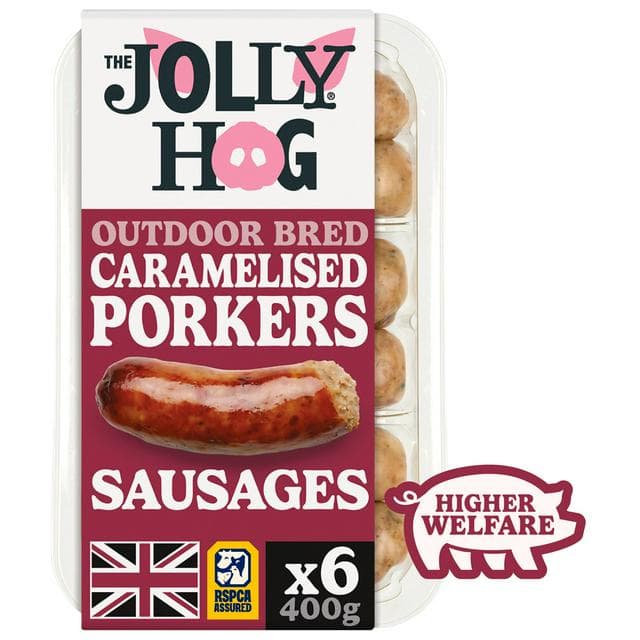The Jolly Hog 6 x British Caramelised Porker Sausages with Caramelised Red Onions 400g - gallery image 1
