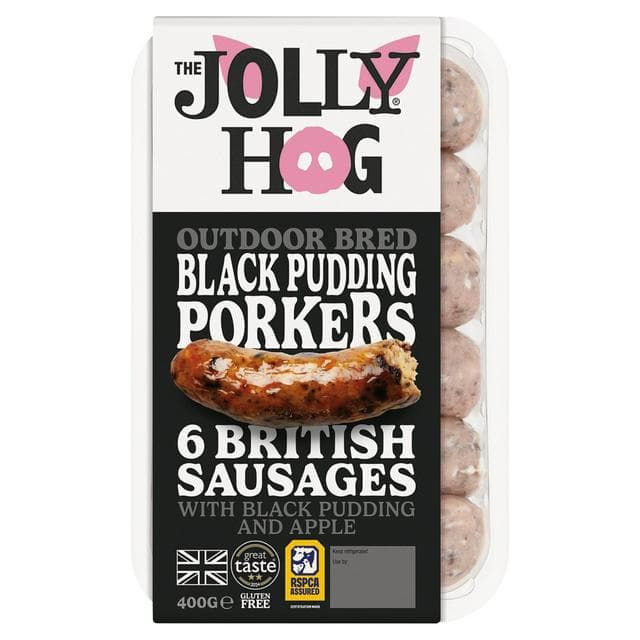 The Jolly Hog 6 x British Black Pudding Porker Sausages with Black Pudding & Apple 400g - gallery image 1