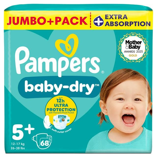 Pampers Baby Dry Jumbo+ Pack Nappies Size 5+, 12kg-17kg x68 - gallery image 1