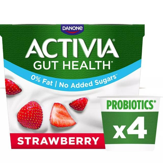 Activia Strawberry Fat Free No Added Sugar Gut Health Fruit Yoghurt Multipack 4 x 115g - gallery image 1