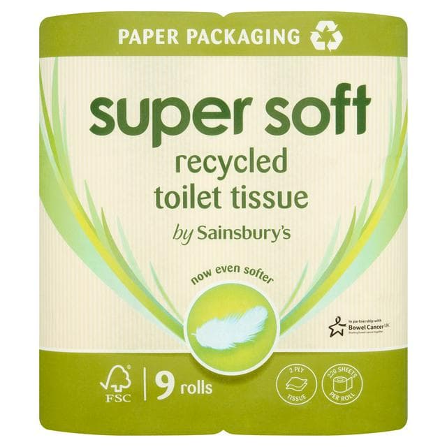 Sainsbury's Super Soft Toilet Tissues, Recycled x9 Rolls - gallery image 1