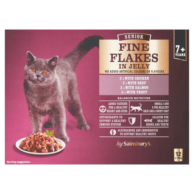 Sainsbury's Senior Fine Flakes Meat & Fish Selection in Jelly Cat Food 7+ Years 12 x 100g - gallery image 1
