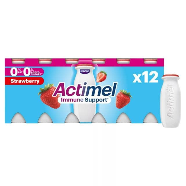Actimel Strawberry 0% Added Sugar Fat Free Yogurt Drink 12x100g - gallery image 1