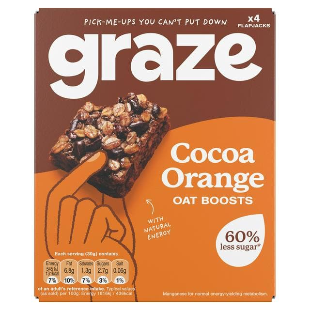 Graze Cocoa & Orange Oat Boost Flapjack Snack Bars 4 x 30g - gallery image 1