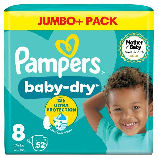 Pampers Baby-Dry Size 8, 52 Nappies, 17+kg, Jumbo+ Pack - gallery image 1