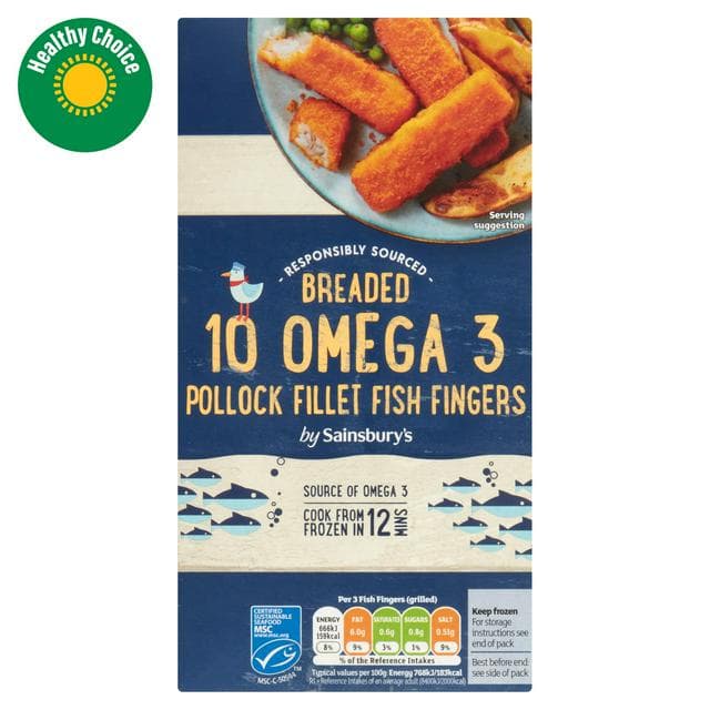 Sainsbury's 10 Breaded Omega 3 Pollock Fillet Fish Fingers 300g - gallery image 1