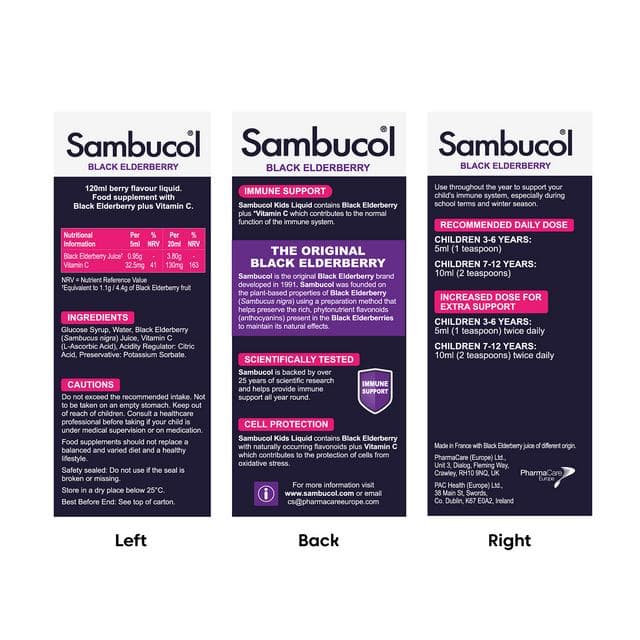 Sambucol Black Elderberry Liquid for Kids + Vitamin C 1-12 Years 120ml - gallery image 2