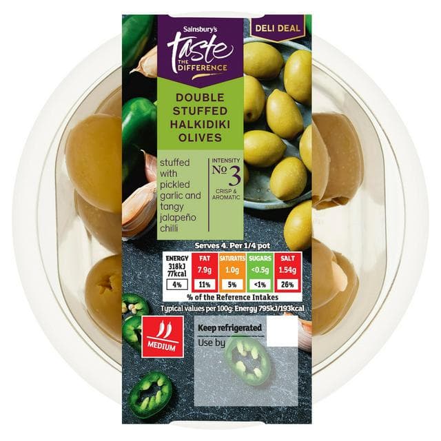 Sainsbury's Double Stuffed Halkidiki Olives with Jalapeño & Garlic, Taste the Difference 160g - gallery image 1