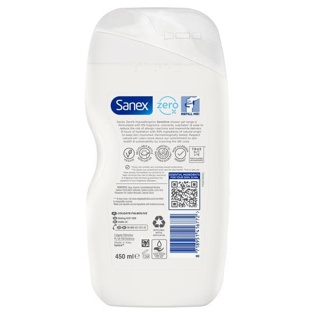 Sanex Zero% Sensitive Skin Shower Gel Body Wash 450ml - gallery image 2
