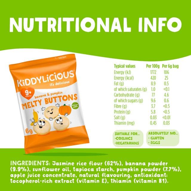 Kiddylicious Banana & Pumpkin Melty Buttons Baby Snacks 5x6g - gallery image 3