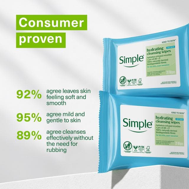 Simple Hydrating Water Boost Micellar Biodegradable Face Cleansing Facial Wipes x20 - gallery image 2