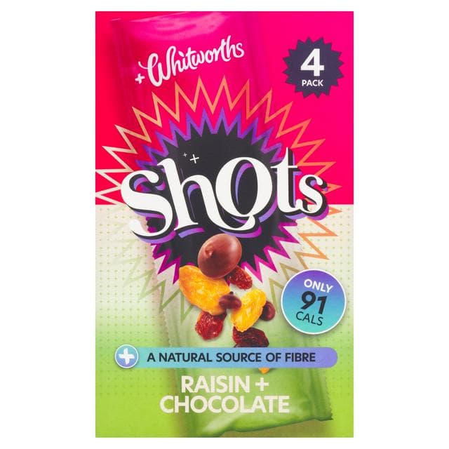 Whitworths Shots 4 Snack Pack Raisin & Chocolate 4x25g - gallery image 1