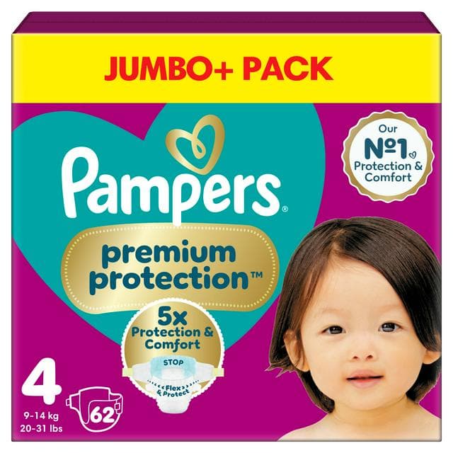 Pampers Premium Protection Jumbo+ Pack Nappies Size 4, 9kg-14kg x62 - gallery image 1